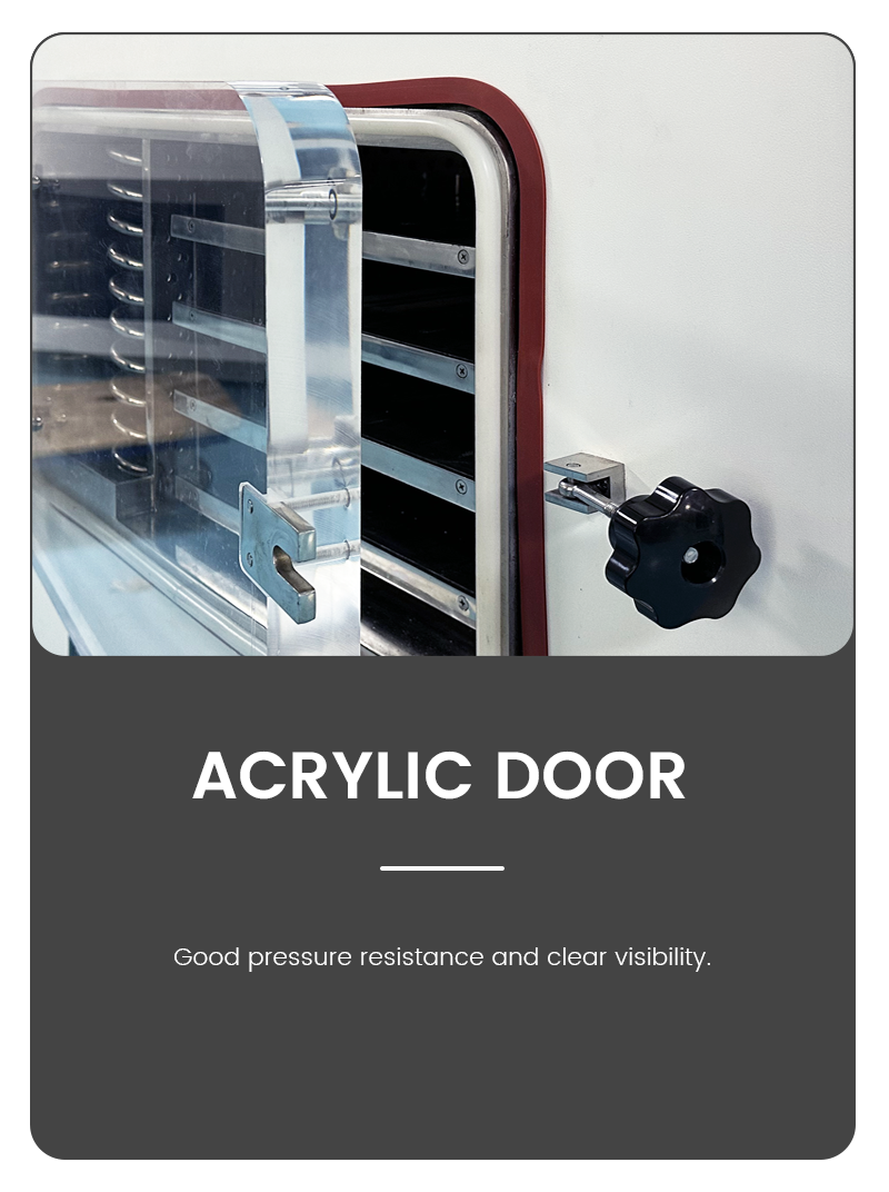 Product feature diagram displaying a thick clear acrylic chamber door with high pressure resistance for a vacuum freeze dryer.